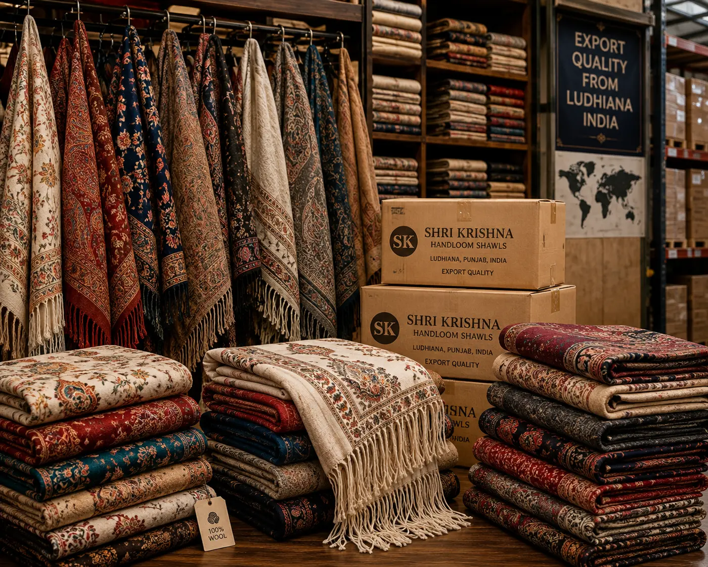 Export-ready shawls packed for shipment to Indonesia
