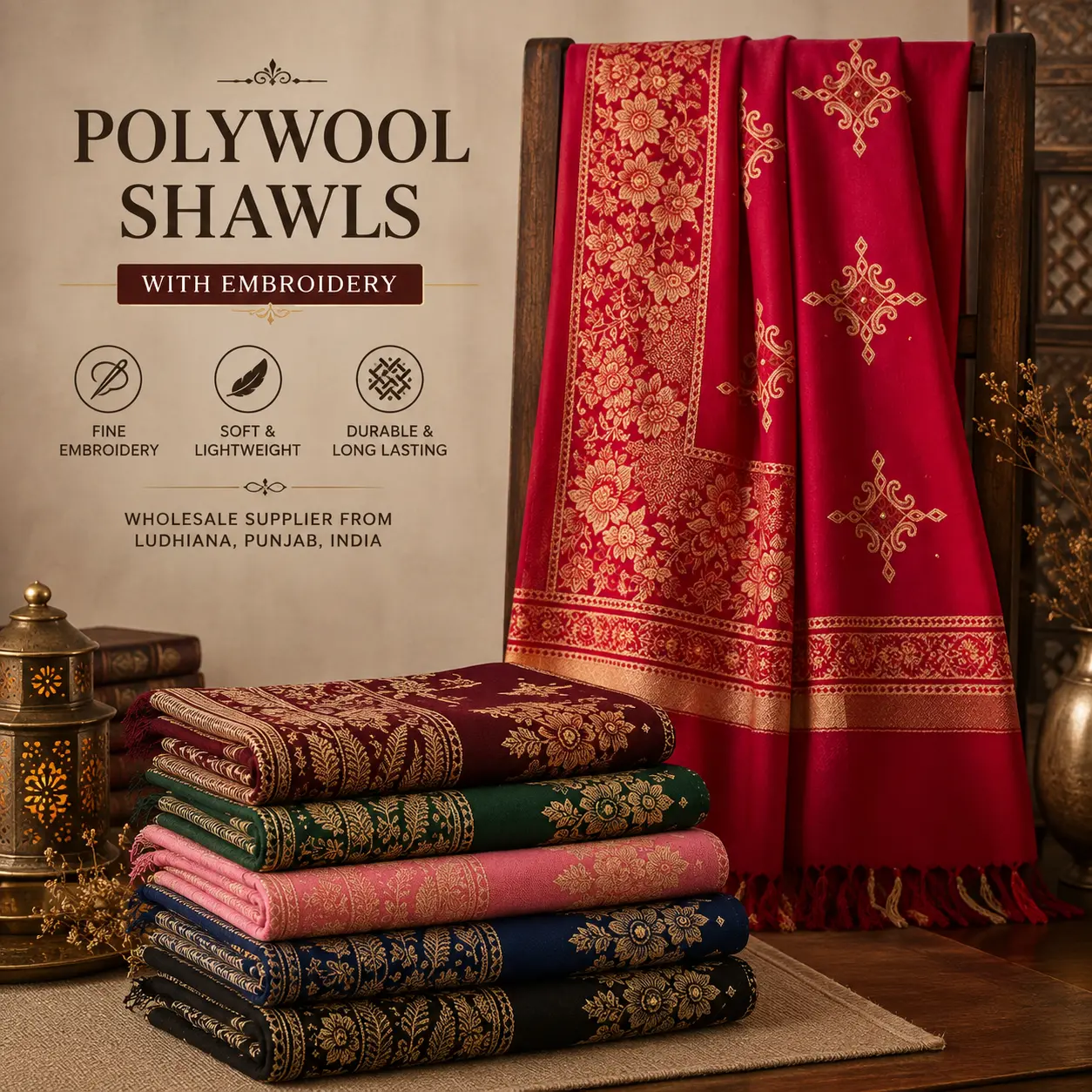Polywool Shawls with Embroidery — wholesale from Ludhiana
